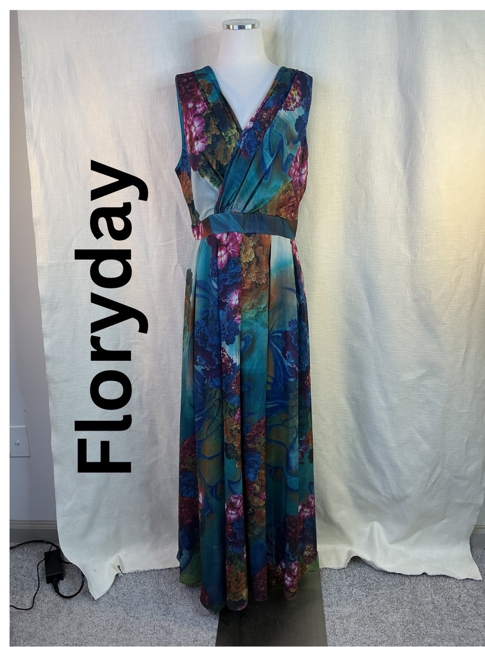 NWT Floryday Teal Floral Maxi Dress Sleeveless V Neck Empire Waist Wedding Gown